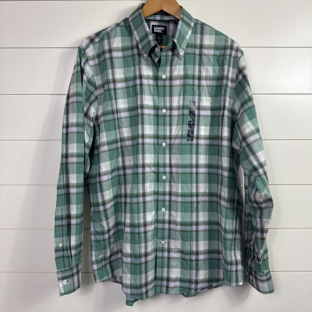 Lands End No Iron Twill Button Front Shirt Traditional Green Plaid sz L